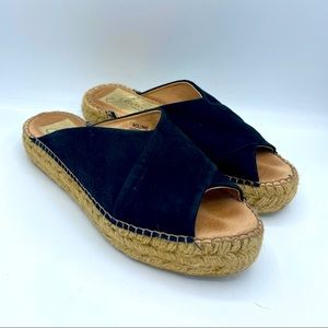 Anthro Gaimo Rolling Black Suede Platform Espadrille Slides Size 6.5